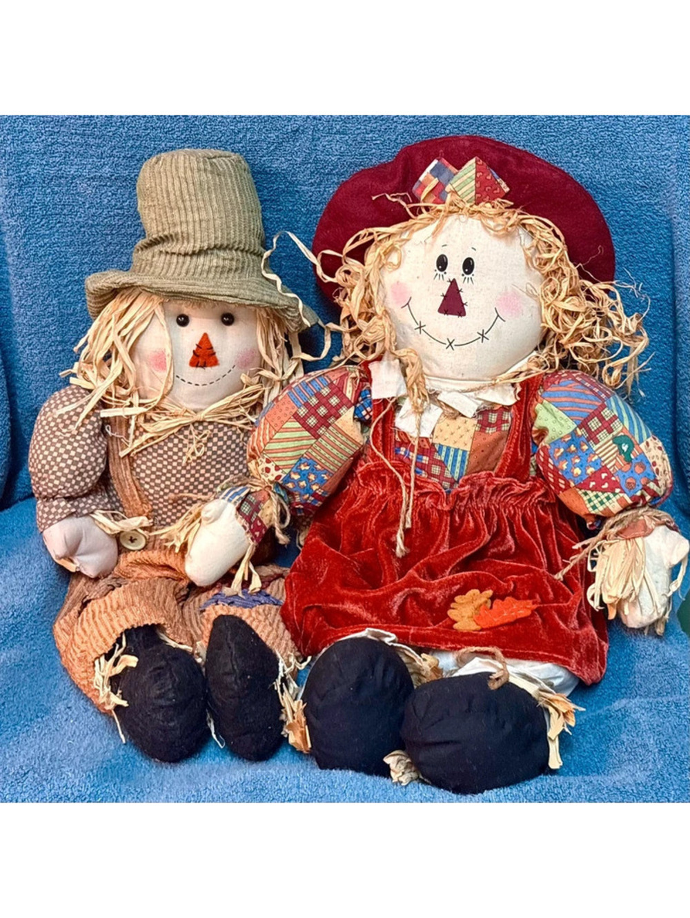 Plush sitting scarecrow shelf-sitter dolls